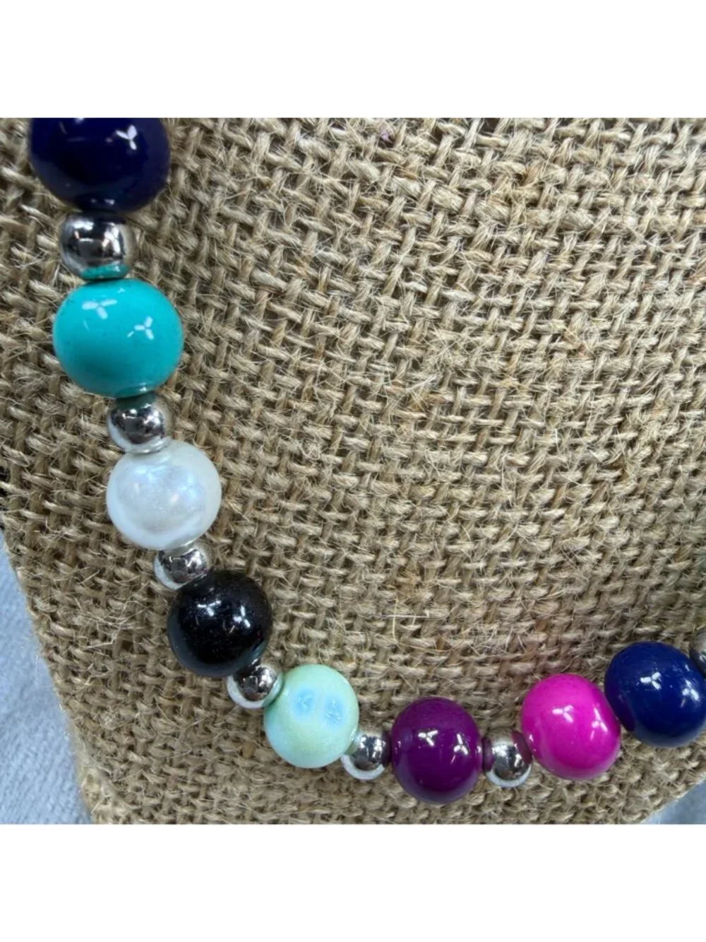 Multicolor Beaded Necklace Glossy Finish & Silver Accents 20 Inches Spring Clasp